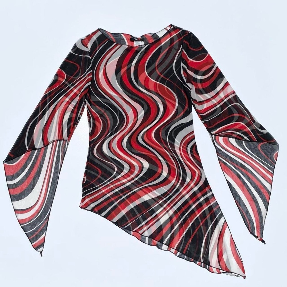 Vintage 90's Sheer Swirl Print Bell Sleeve Dress Women's Medium Y2K Psychedelic